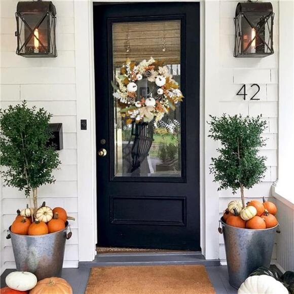 Fall Decor White Wreaths for Front Door - 18 Inch Autumn Maples Leaf Pumpkin - Picture 6 of 6